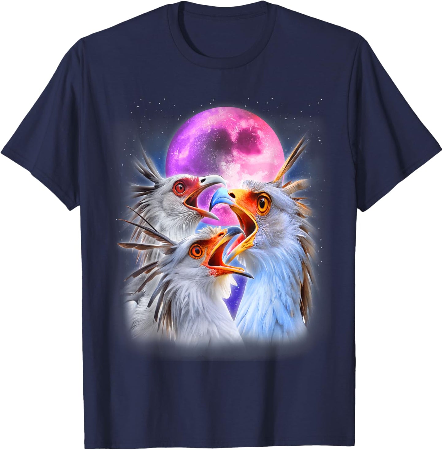 3 Secretary Bird Howling At The Moon Funny Bird Lover Birder T-Shirt - T-Shirt | Navy