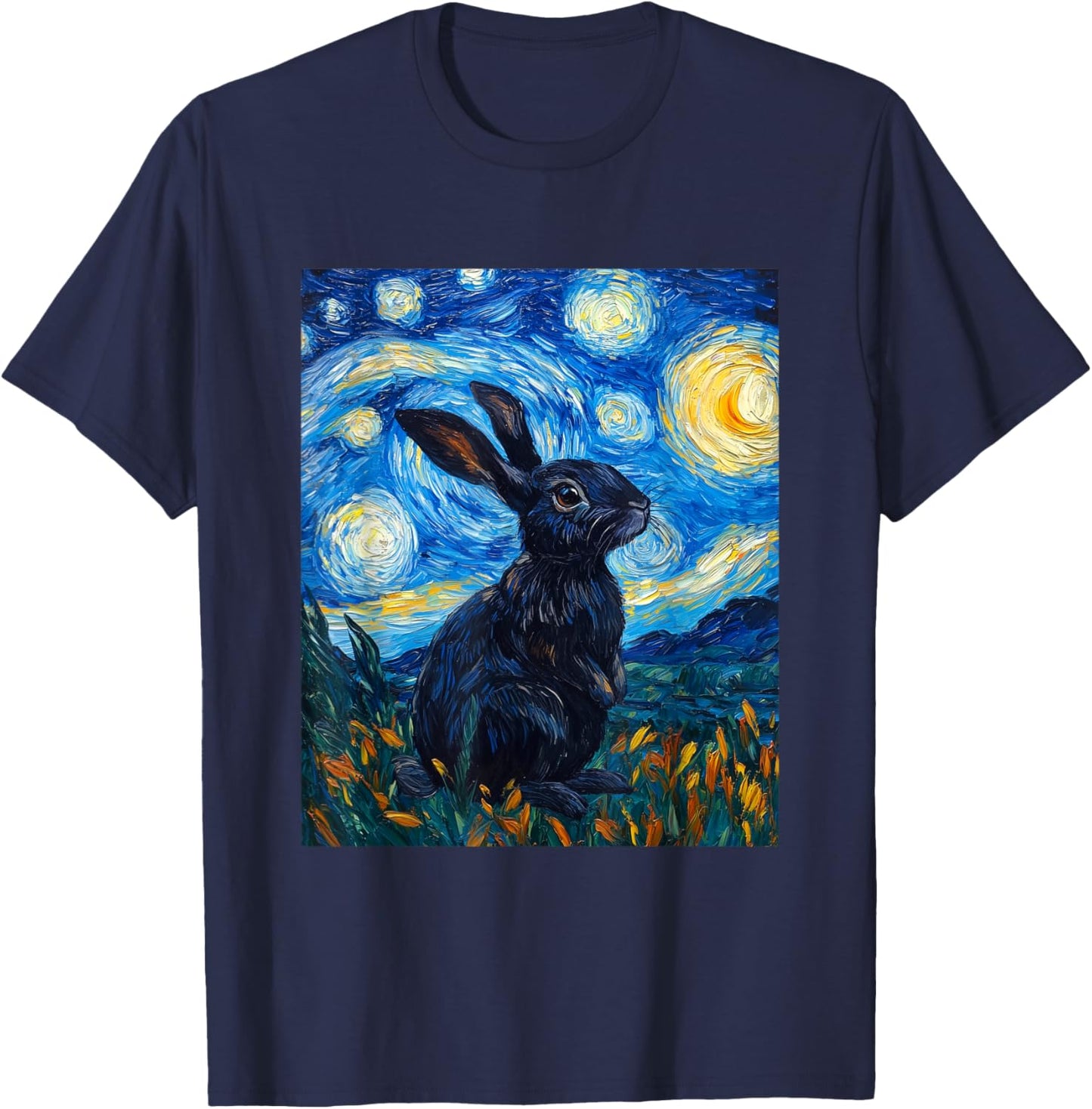 Cute Bunny Rabbit - Van Gogh Style - Starry Night T-Shirt - T-Shirt | Navy