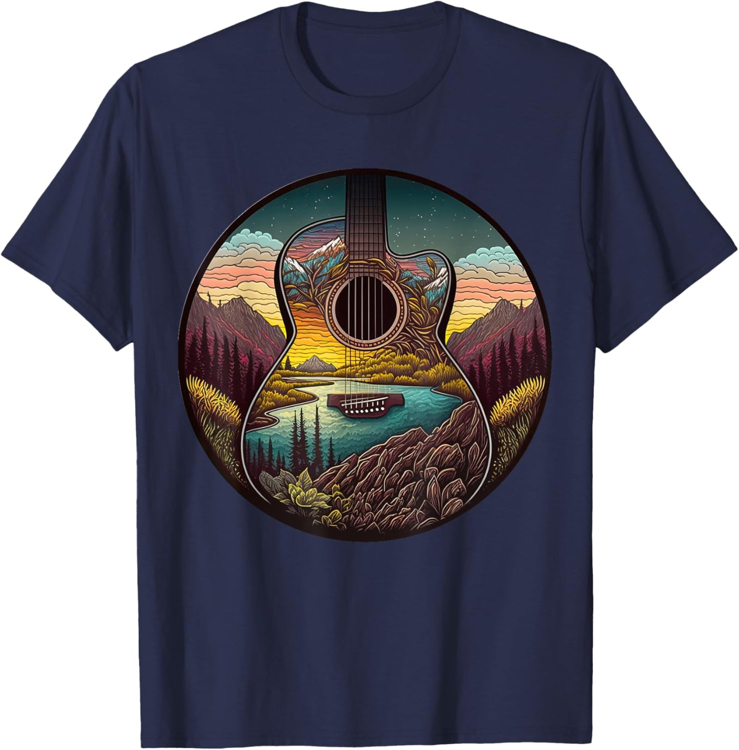 Guitar Landscape Music Lover- Acoustic Guitar Player Graphic T-Shirt - T-Shirt | Navy