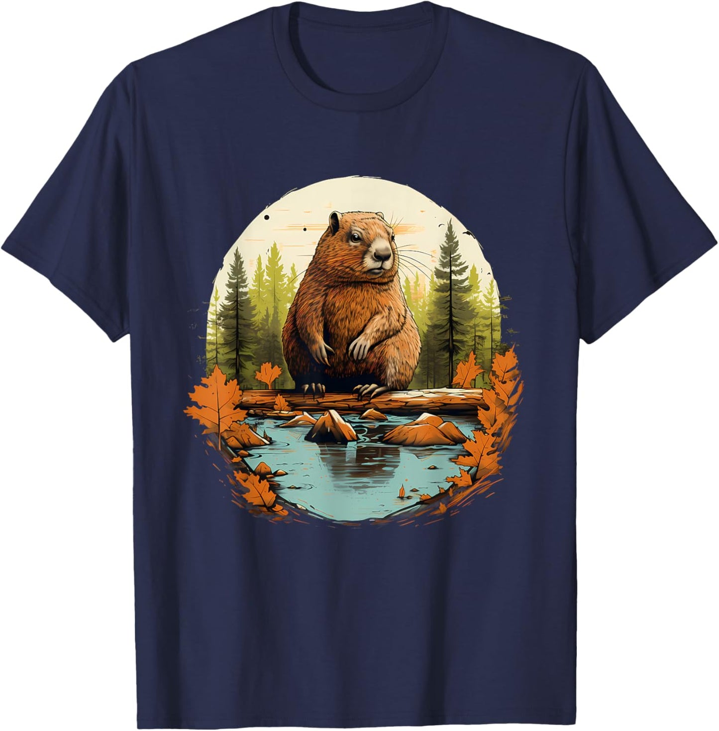 Beaver Wildlife Nature Animal Lover Artwork Forest Motif T-Shirt - T-Shirt | Navy
