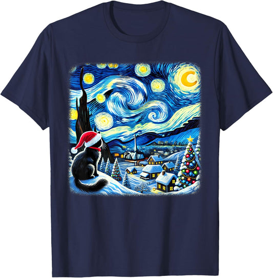 Christmas Van Gogh Starry Night Black Cat Santa Hat Xmas Women Kids T-Shirt - T-Shirt | Navy