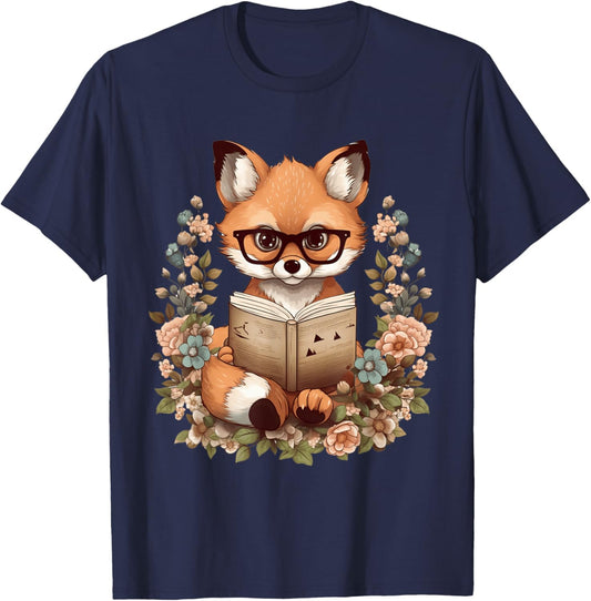 Floral Cottagecore Flowers With Fox Reading Bookworm Reader T-Shirt - T-Shirt | Navy
