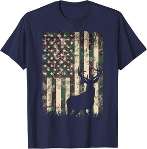 Camo US Flag Deer Camoflage Hunting Gifts Dad Hunter T-Shirt - T-Shirt | Navy