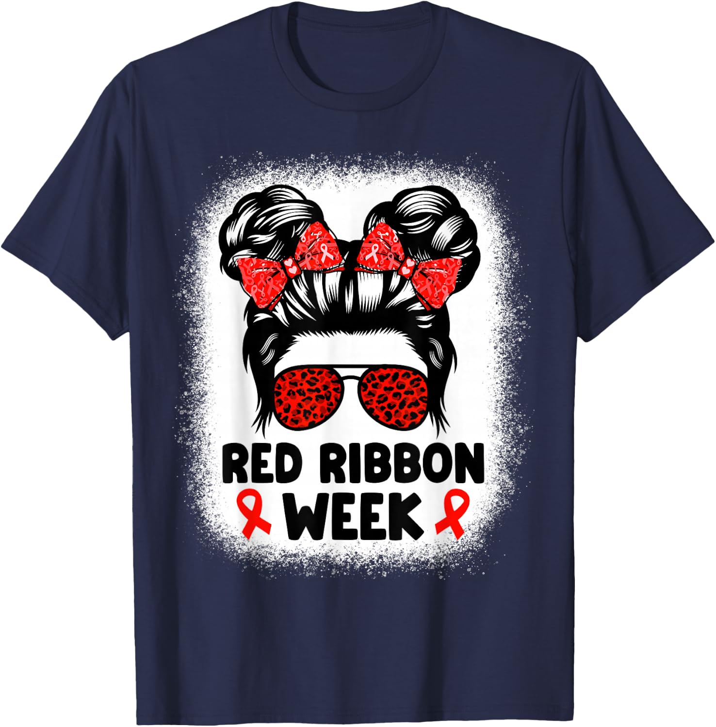 Red Ribbon Week Women Messy Bun Red Ribbon Week Awareness T-Shirt - T-Shirt | Navy