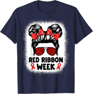 Red Ribbon Week Women Messy Bun Red Ribbon Week Awareness T-Shirt - T-Shirt | Navy