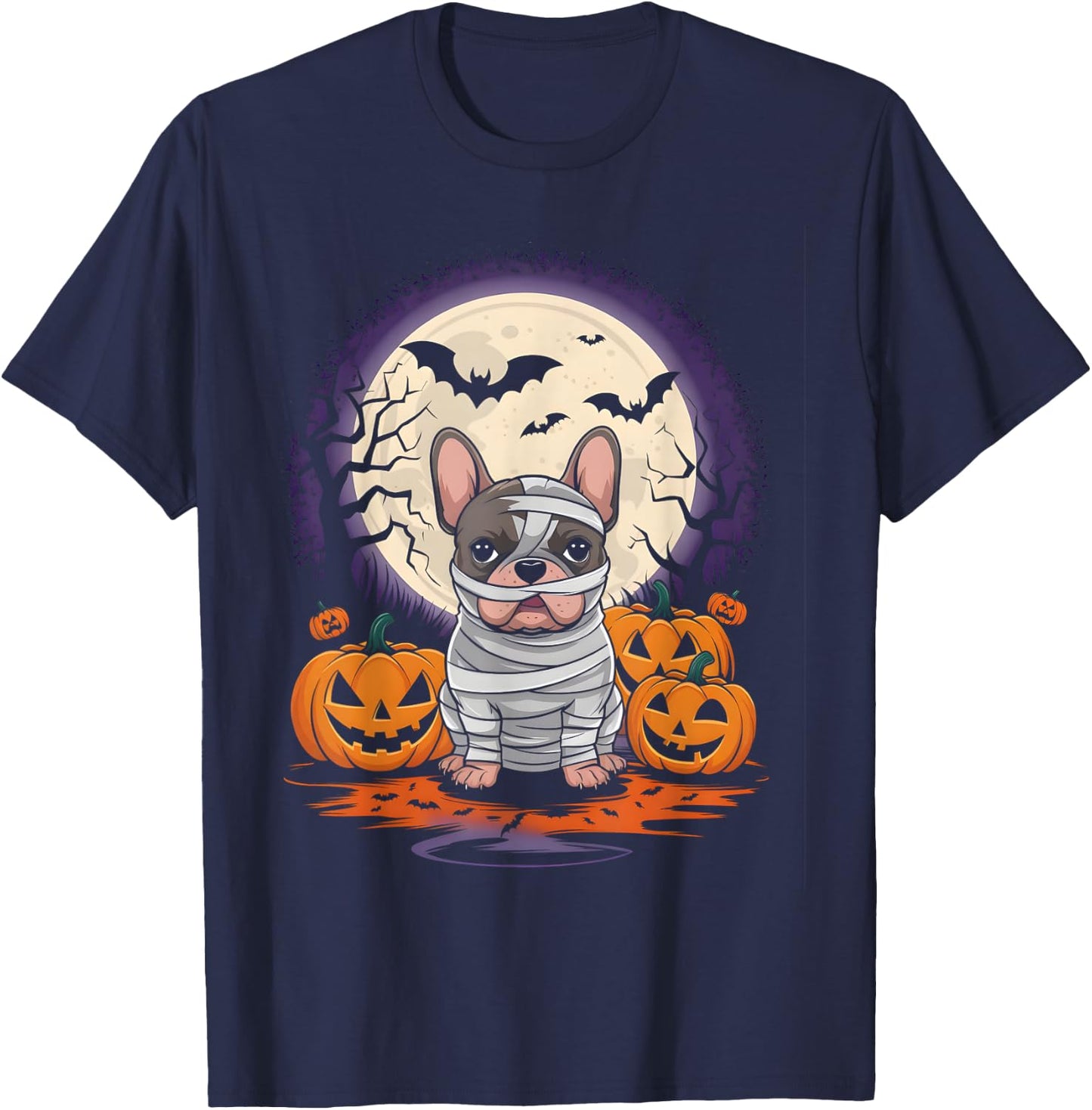 Spooky French Bulldog Mummy Full Moon - Halloween Dog T-Shirt - T-Shirt | Navy