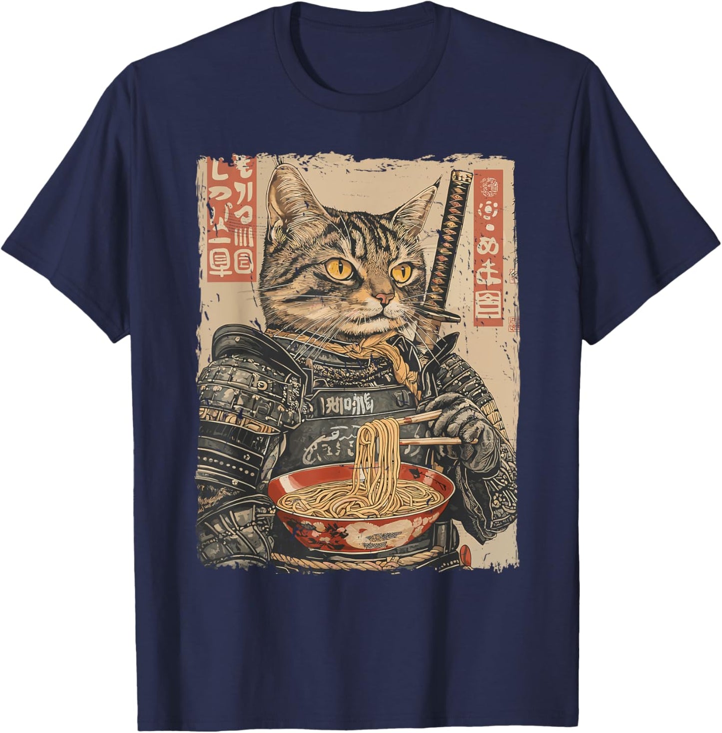 Samurai Cat Loves Ramen Funny Anime Japanese Artwork Samurai T-Shirt - T-Shirt | Navy