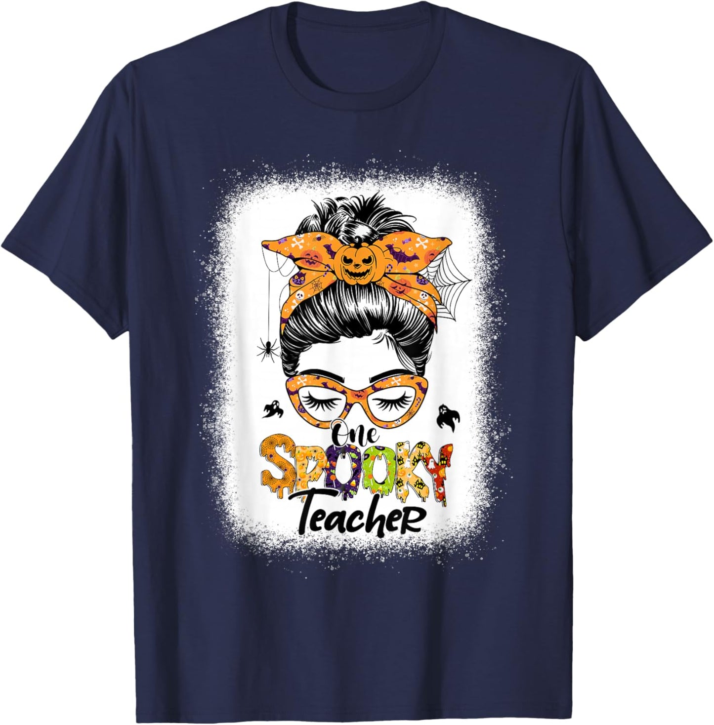 One Spooky Teacher For Halloween Messy Bun Mom Bleached T-Shirt - T-Shirt | Navy