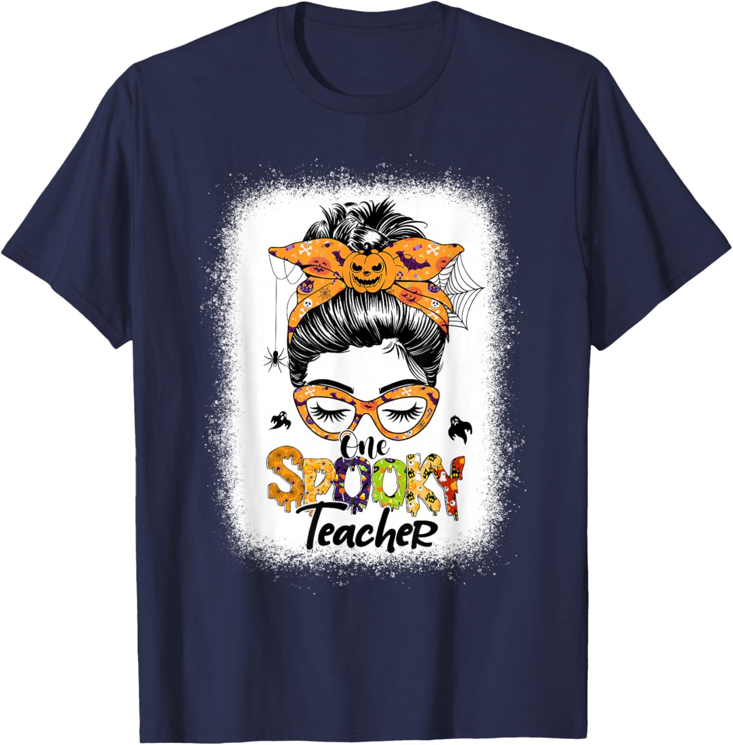 One Spooky Teacher For Halloween Messy Bun Mom Bleached T-Shirt - T-Shirt | Navy