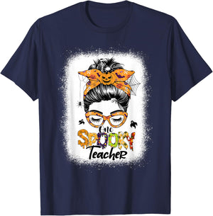 One Spooky Teacher For Halloween Messy Bun Mom Bleached T-Shirt - T-Shirt | Navy