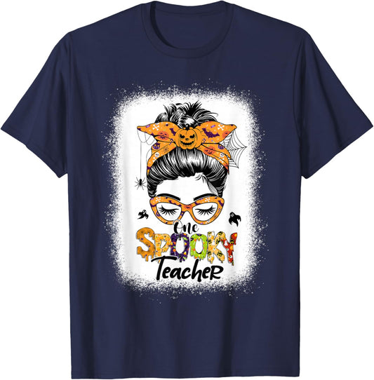 One Spooky Teacher For Halloween Messy Bun Mom Bleached T-Shirt - T-Shirt | Navy