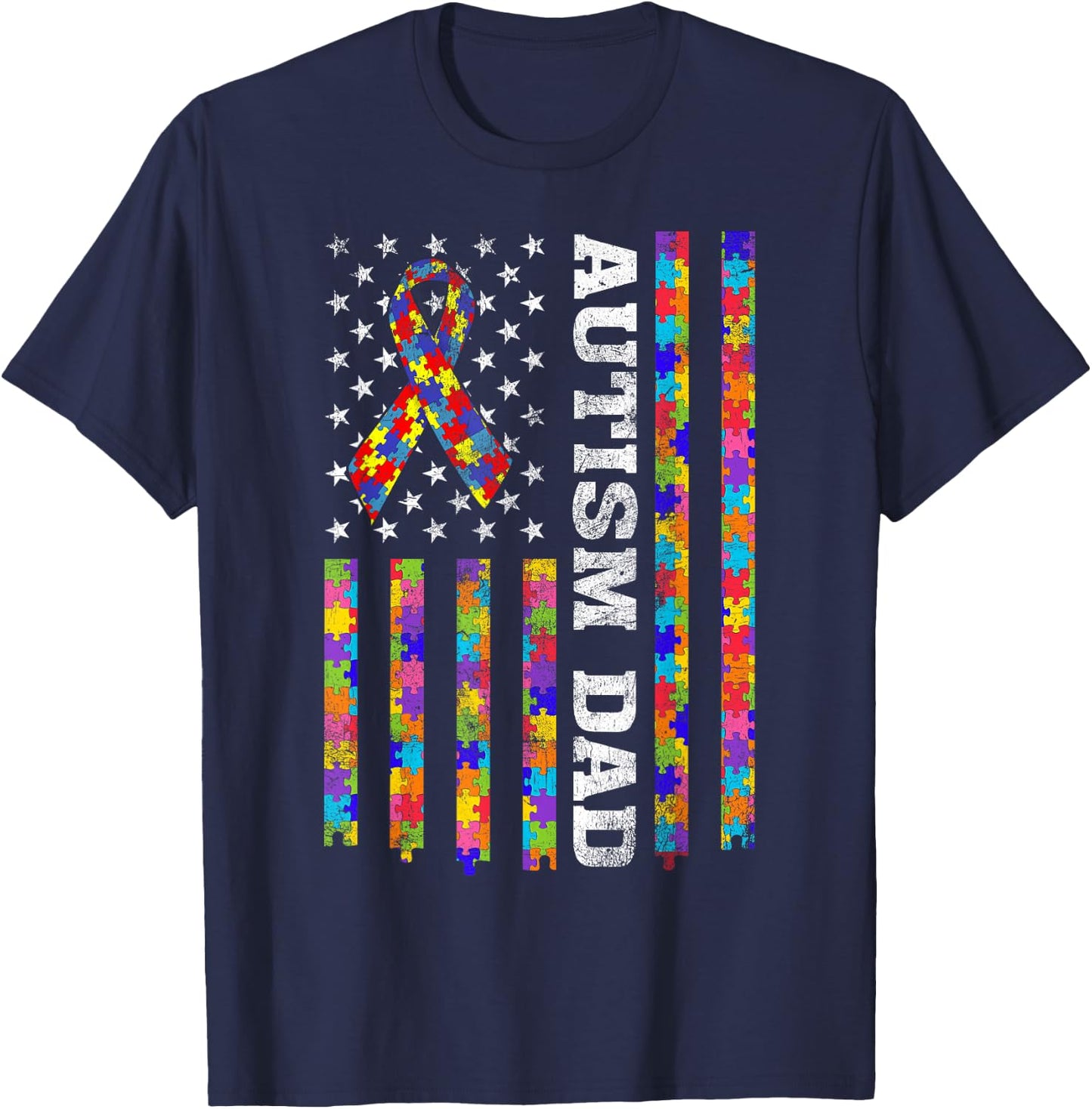 Proud Autism Dad Puzzle Piece Ribbon US American Flag Women Kids Men T-Shirt - T-Shirt | Navy