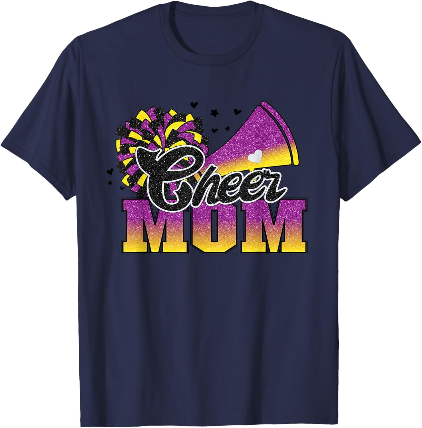 Football Cheer Mom Purple Yellow Black Pom Leopard T-Shirt - T-Shirt | Navy