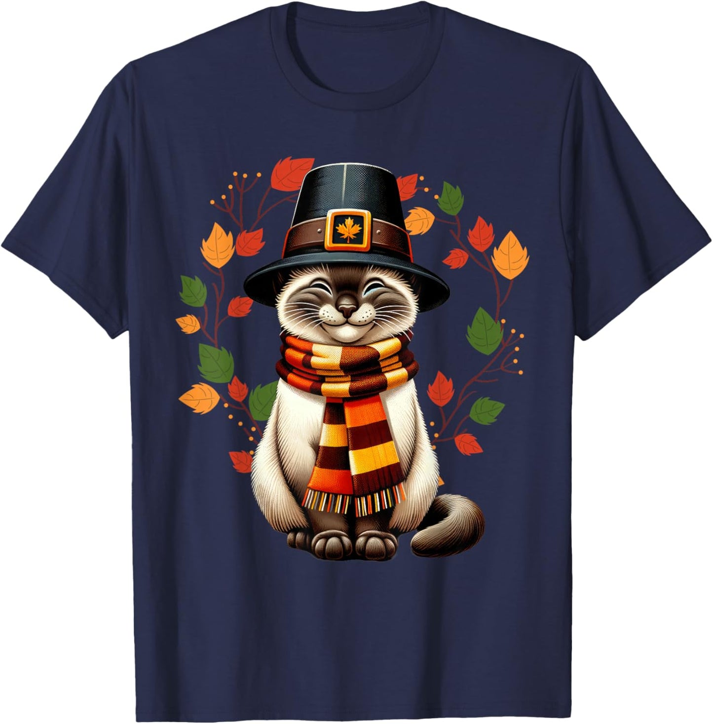 Siamese Cat Pilgrim Thanksgiving Fall Turkey, Women Girls T-Shirt - T-Shirt | Navy