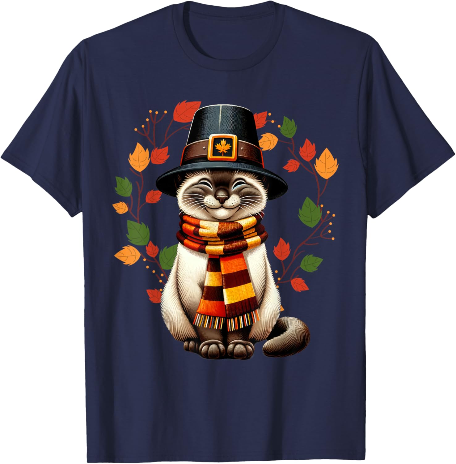Siamese Cat Pilgrim Thanksgiving Fall Turkey, Women Girls T-Shirt - T-Shirt | Navy