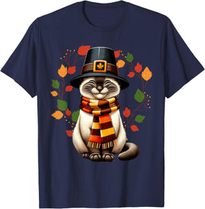 Siamese Cat Pilgrim Thanksgiving Fall Turkey, Women Girls T-Shirt - T-Shirt | Navy