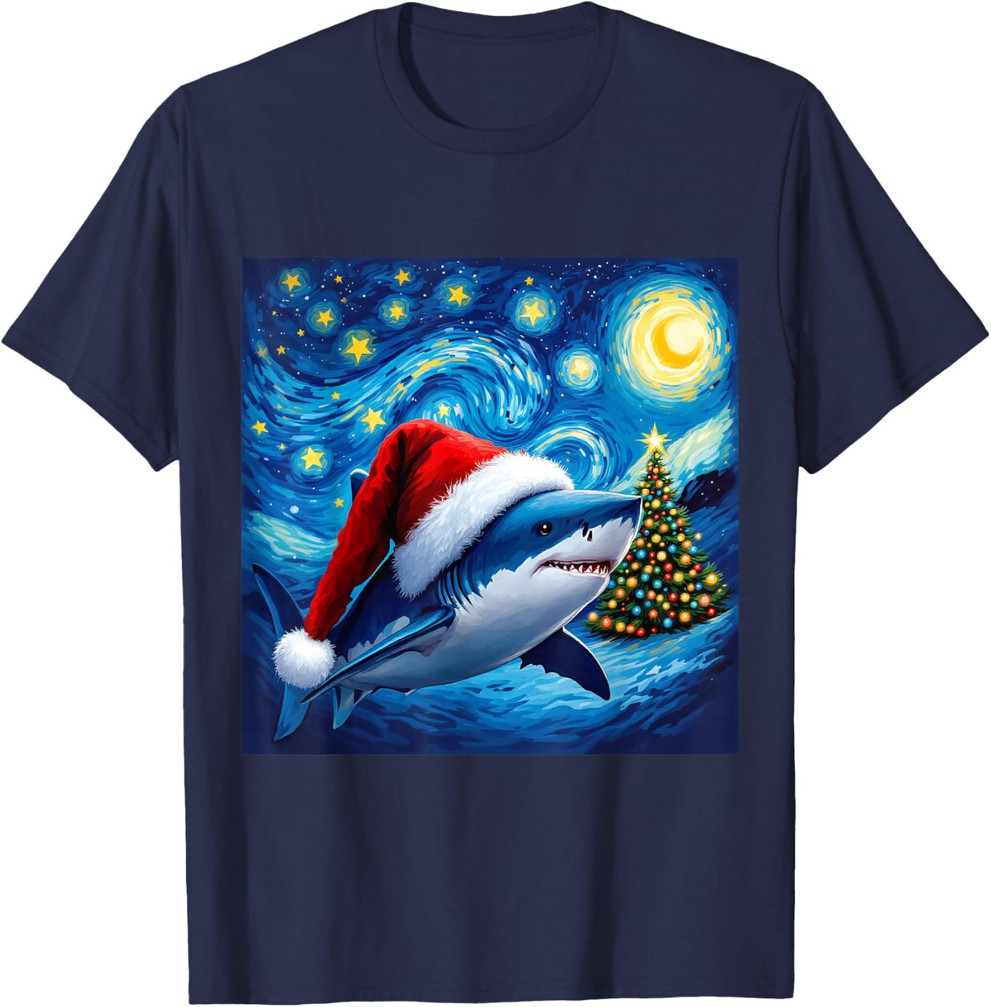 Christmas Shark Santa Hat Van Gogh Starry Night Holiday T-Shirt - T-Shirt | Navy