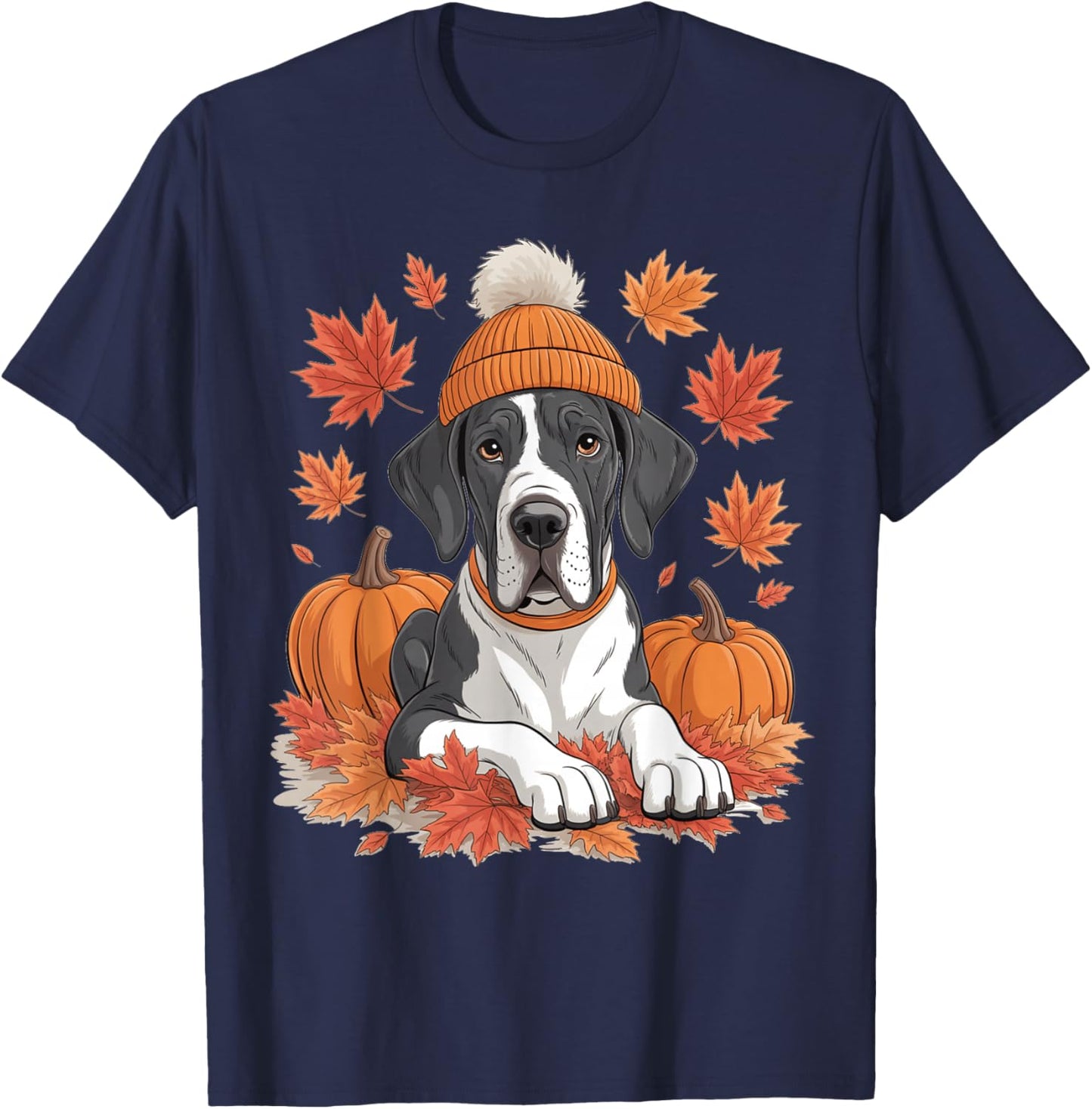 Funny Great Dane Fall Scarf Autumn Leaves Dog Lovers T-Shirt - T-Shirt | Navy