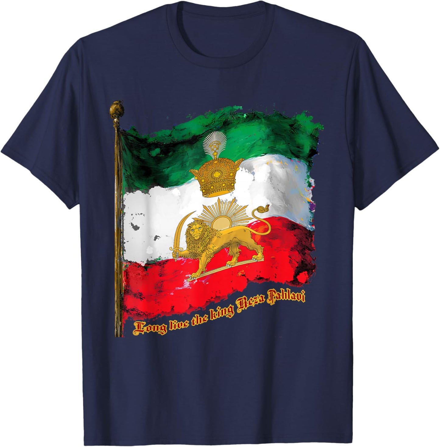 Irans Flag with Pahlavi Crown sun and lion T-Shirt - T-Shirt | Navy