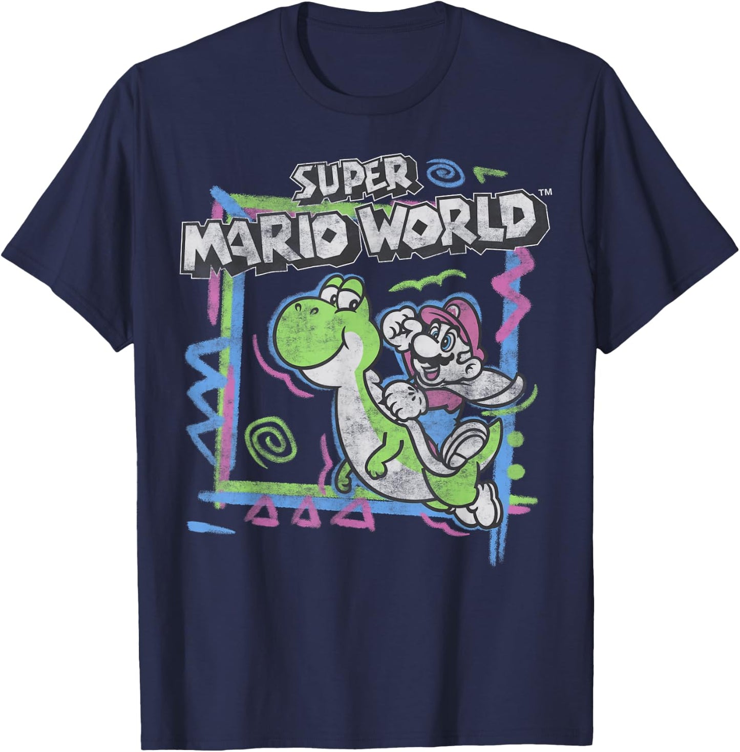 Super Mario World 90's Neon Abstract Nintendo Yoshi Ride T-Shirt - T-Shirt | Navy
