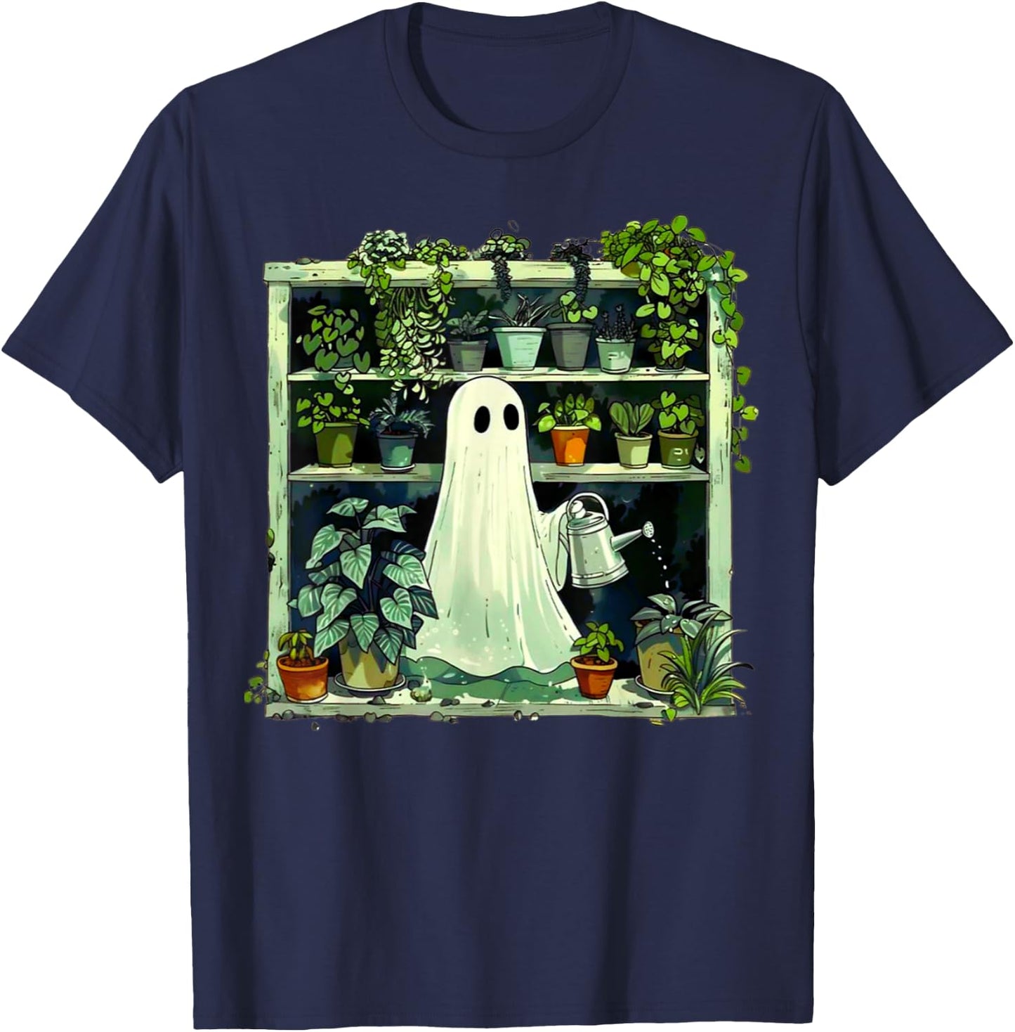 Spooky Ghost Watering Plants Funny Halloween Garden Lover T-Shirt - T-Shirt | Navy