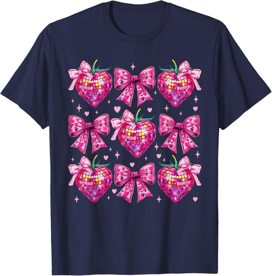 Retro Groovy Pink Coquette Bow Strawberry Valentine Heart T-Shirt - T-Shirt | Navy