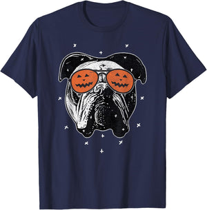 English Dog Wearing Pumpkin Sunglasses | Halloween Bulldog Women Kids T-Shirt - T-Shirt | Navy