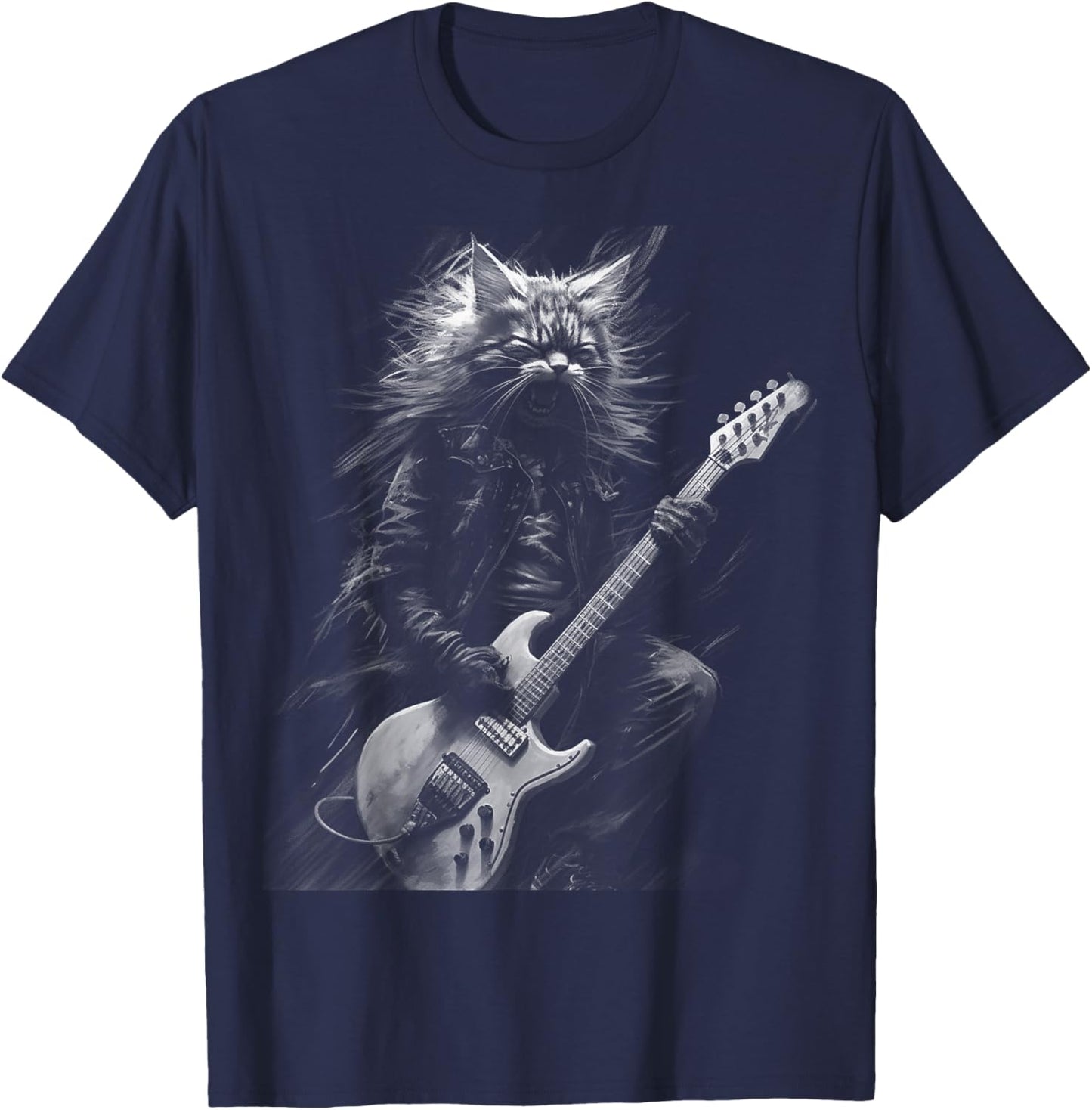 Heavy Metal Cat | Rock Star Band | Guitarist Guitar T-Shirt - T-Shirt | Navy