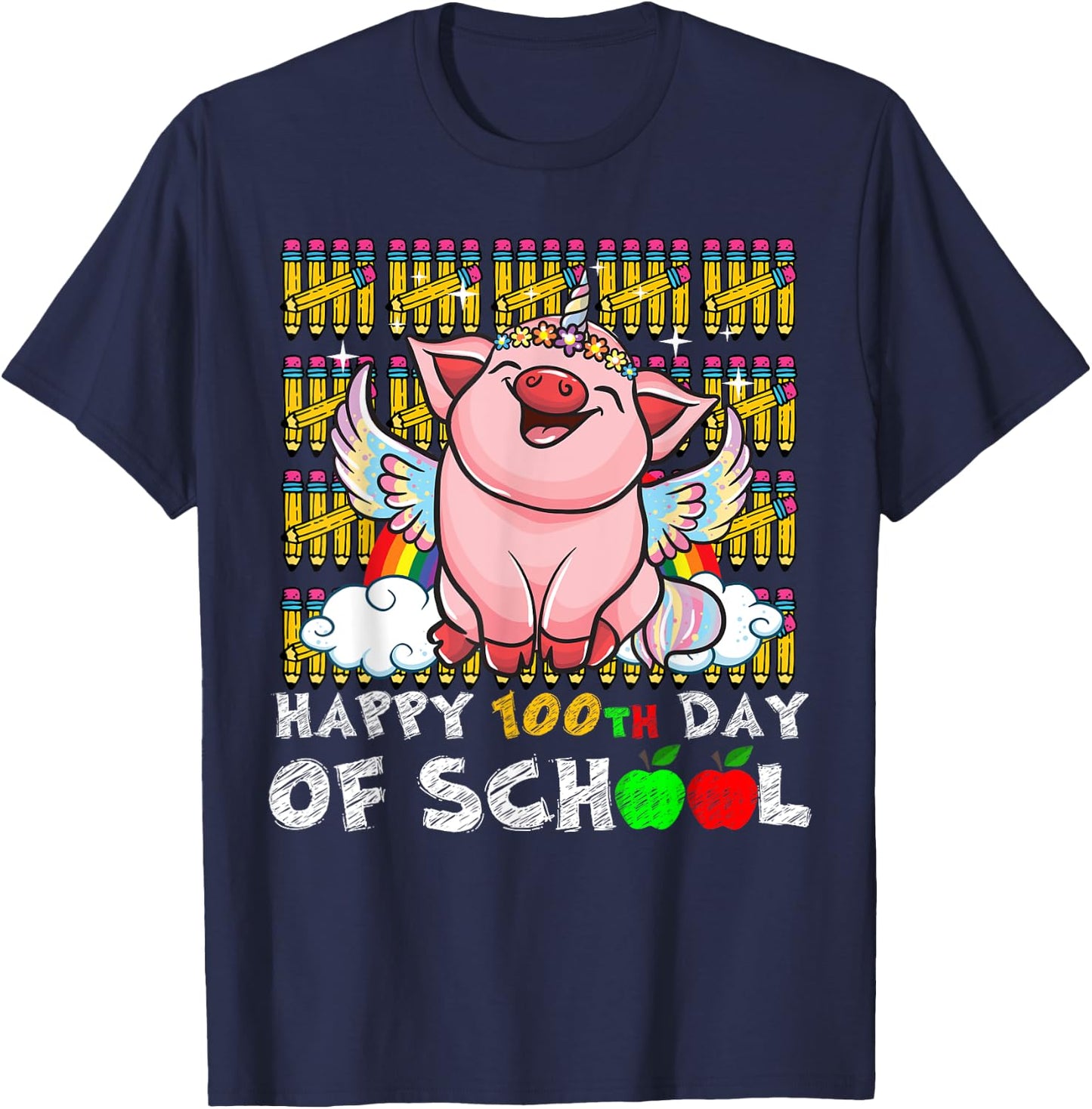 Happy 100th Day Of School Pig Funny Teacher Student Kids T-Shirt - T-Shirt | Navy