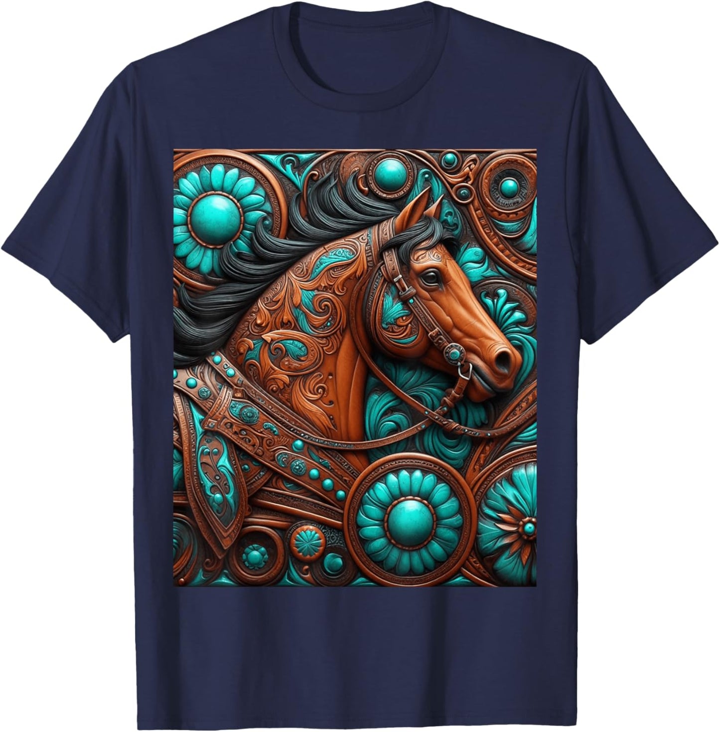 Turquoise and Chocolate Tooled Horse T-Shirt - T-Shirt | Navy