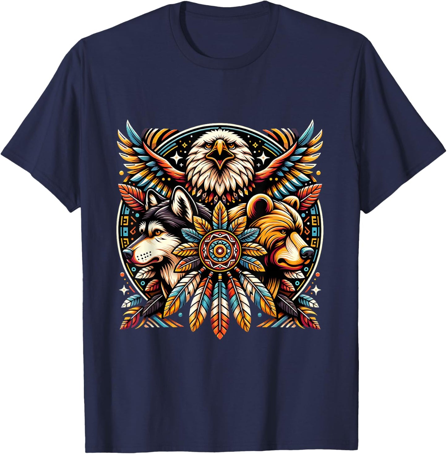 Native American Tribal Animals Bear Wolf Eagle Bohemian T-Shirt - T-Shirt | Navy