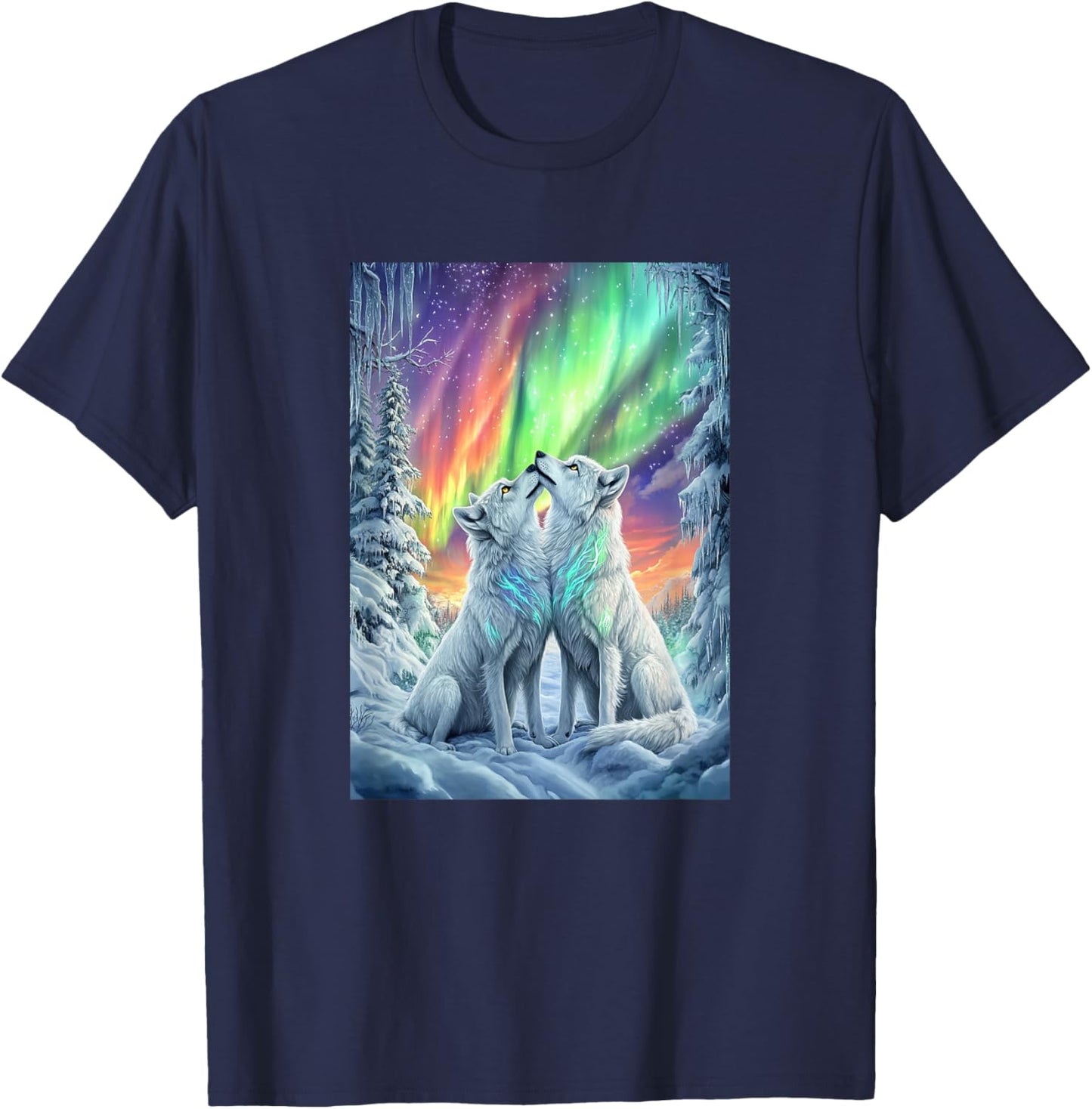 Colorful Northern Lights Wolves Nature Mtn Winter Girls Wolf T-Shirt - T-Shirt | Navy