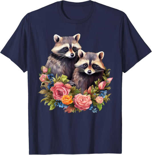 Cute Cottagecore Raccoons Flowers Raccoon Lover T-Shirt - T-Shirt | Navy