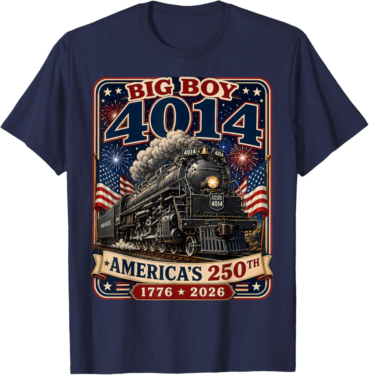 Big Boy 4014 Train 4th of July Retro US Flag Vintage Apparel T-Shirt - T-Shirt | Navy