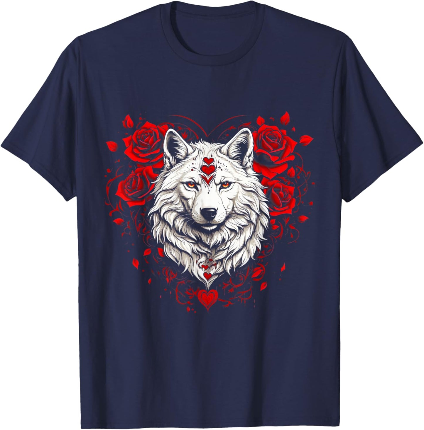 Floral Wolf Valentines Day Flowers Rose Vintage Loves Wolves T-Shirt - T-Shirt | Navy
