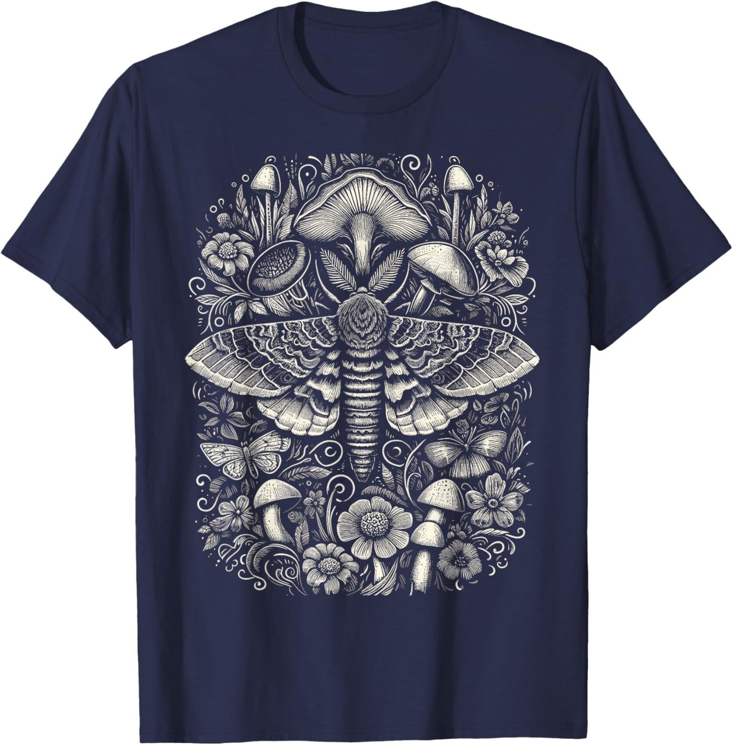 Cute Fairycore Floral Moth Aesthetic T-Shirt - T-Shirt | Navy