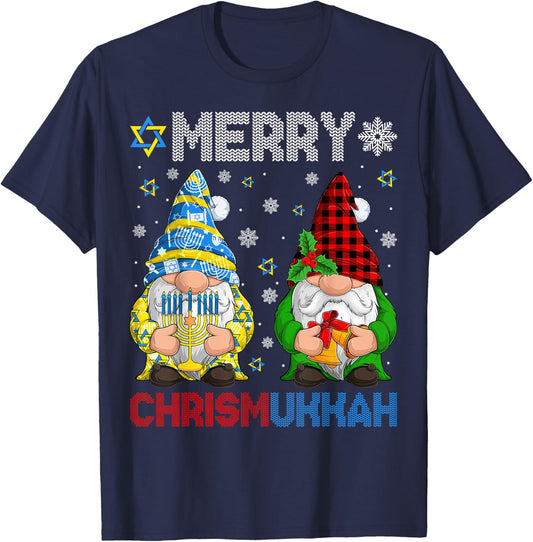 Merry Chrismukkah Jewish Gnome Christmas Chanukah Pajamas T-Shirt - T-Shirt | Navy