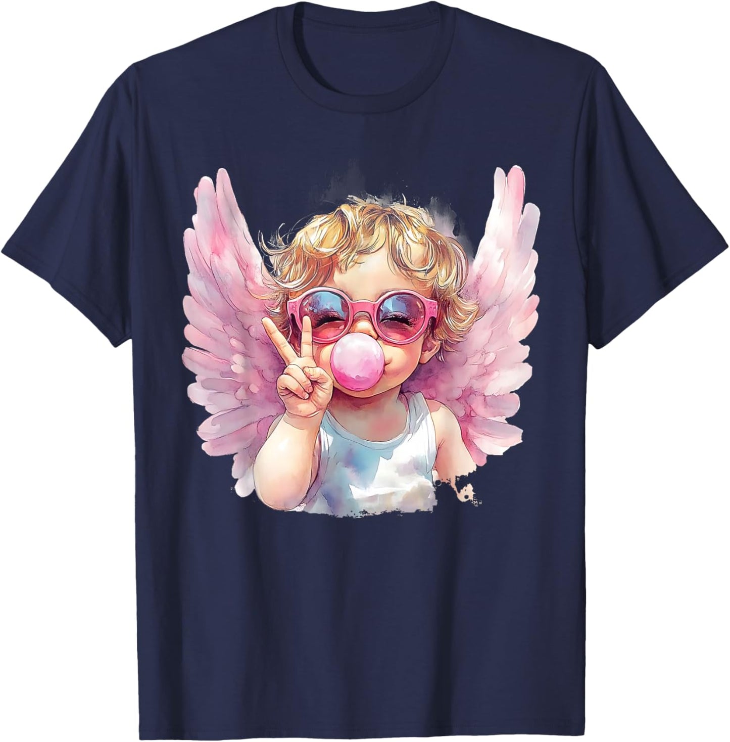 Cute Cupid Blowing Bubble Gum Sunglasses Valentine's Day T-Shirt - T-Shirt | Navy