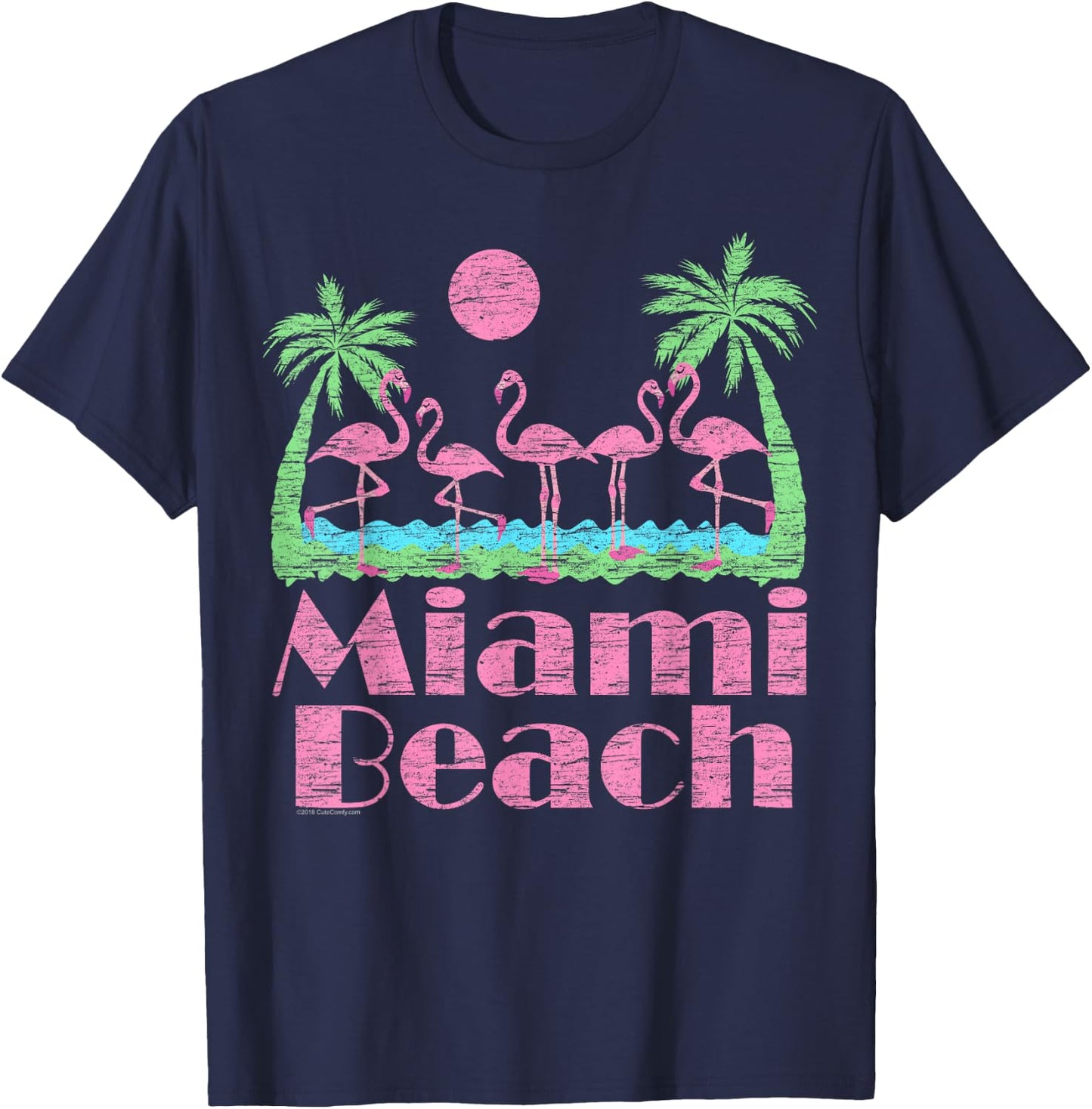Miami Beach Pink Flamingo Florida Souvenir Men Women Kid 80s T-Shirt - T-Shirt | Navy