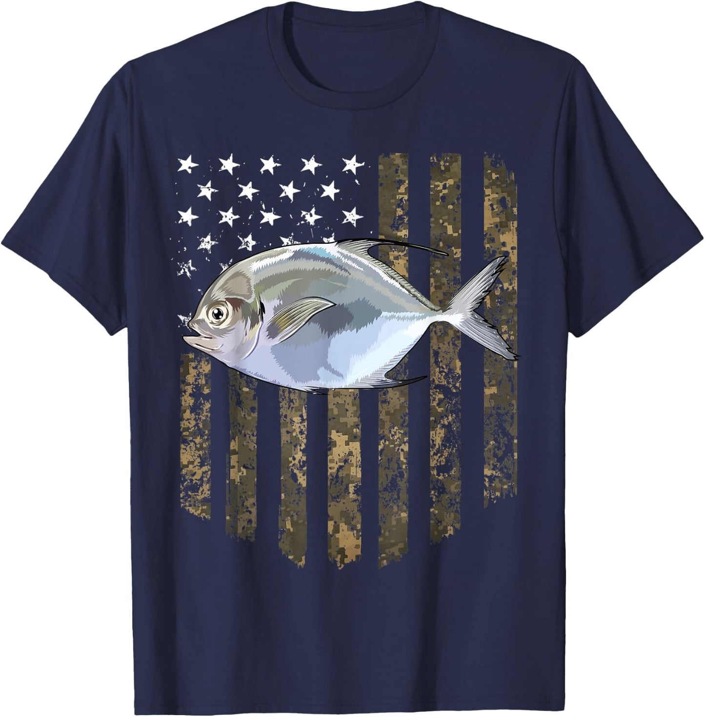 Camo American Flag Pompano Fishing 4th Of July Women Men T-Shirt - T-Shirt | Navy