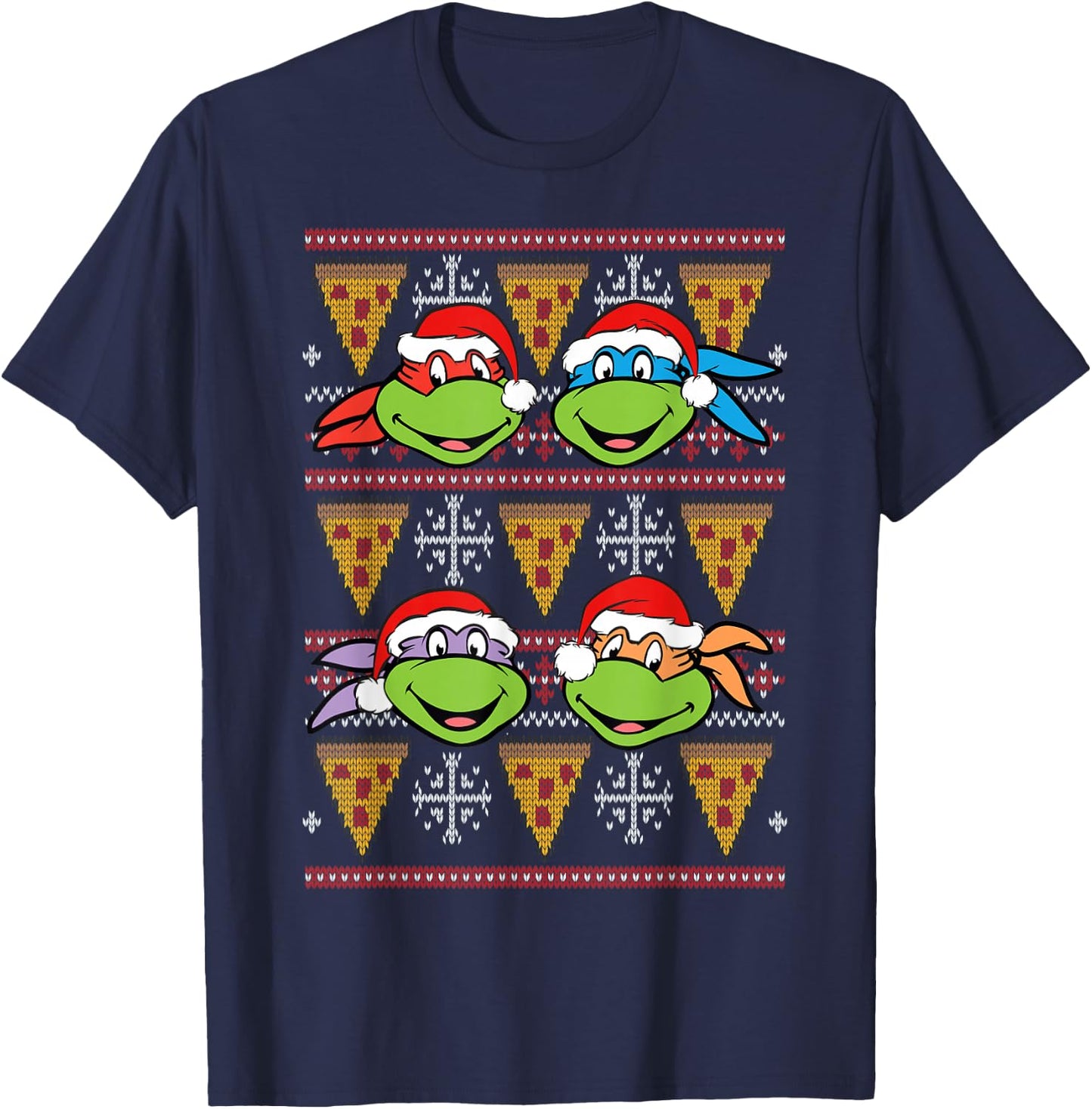 Xmas Ugly Sweater Design Tmnt Heads And Pizza T-Shirt - T-Shirt | Navy