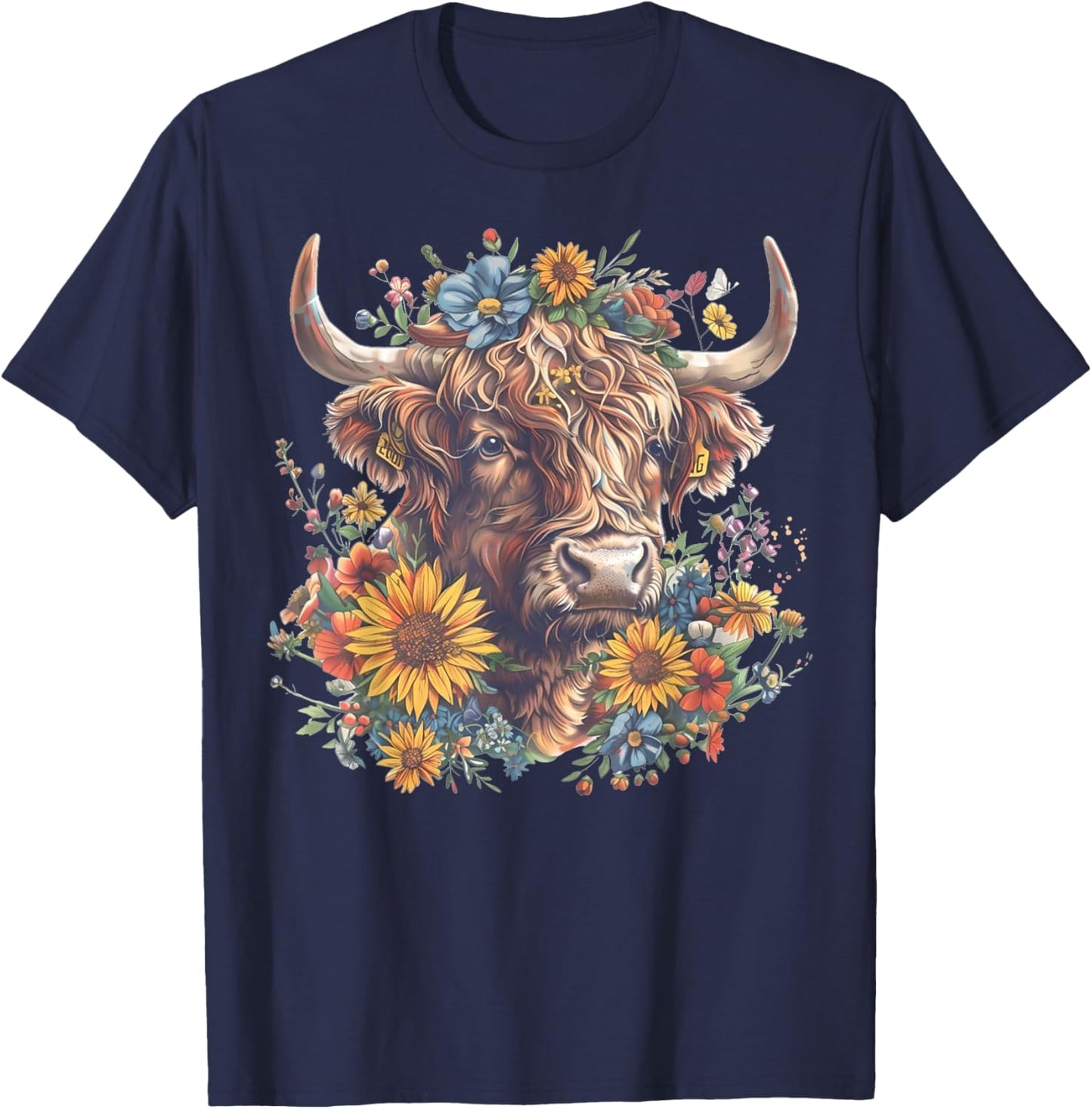 Cute Highland Cow With Sunflowers Funny Calf Animal Farm T-Shirt - T-Shirt | Navy