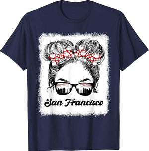 San Francisco Retro Baseball Messy Bun Girl Met At Game Day T-Shirt - T-Shirt | Navy