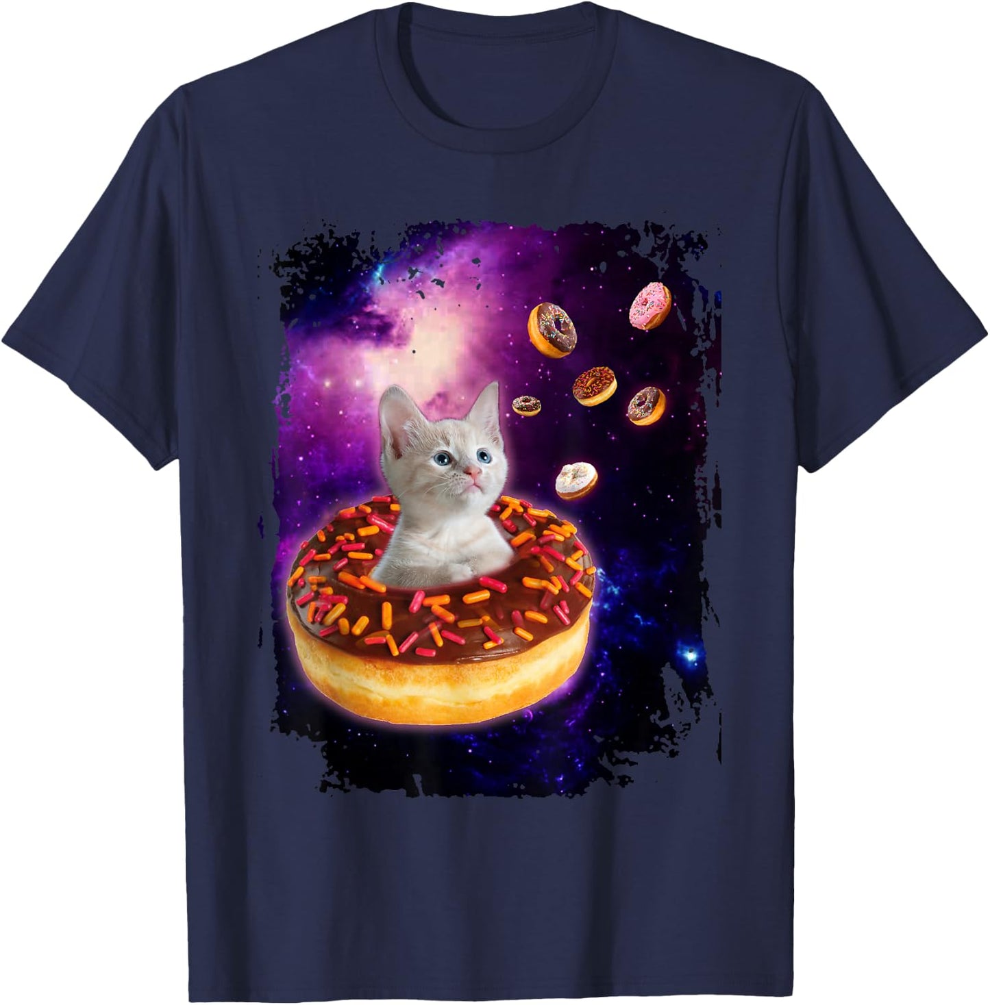 Cute Cat Inside Donut in Space Boys Girl - Kitty in Space T-Shirt - T-Shirt | Navy