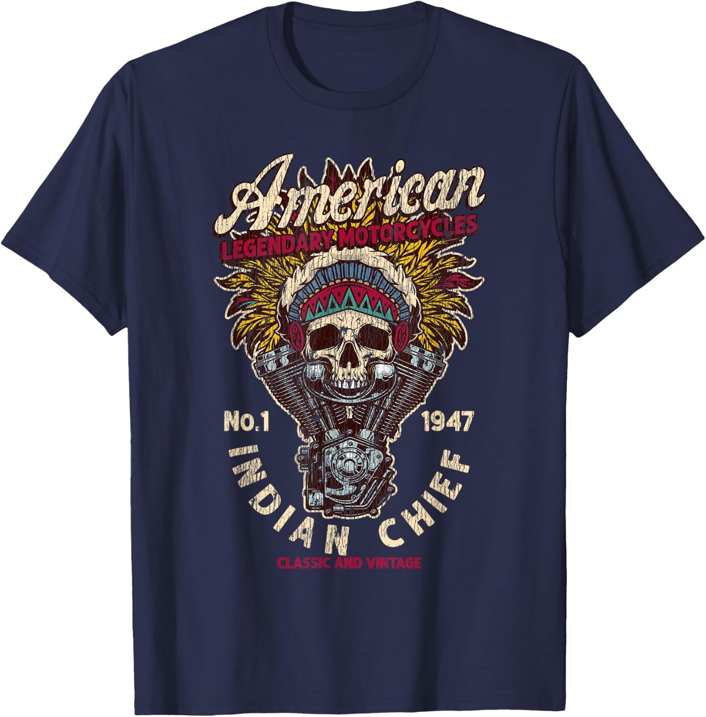 Retro Vintage American Motorcycle Indian native Bikers Gift T-Shirt - T-Shirt | Navy