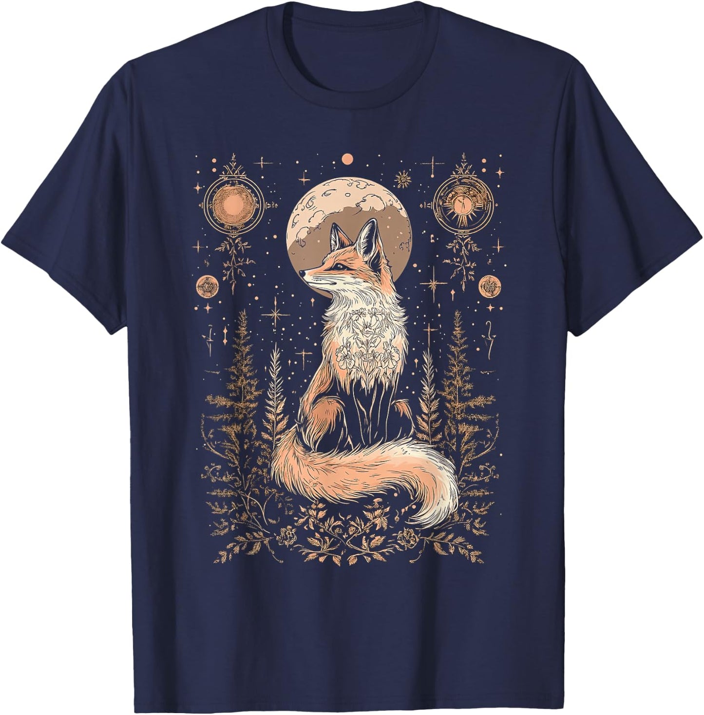 Mystic Moon and Moonphase Fox Mystical Flowers Aesthetic T-Shirt - T-Shirt | Navy