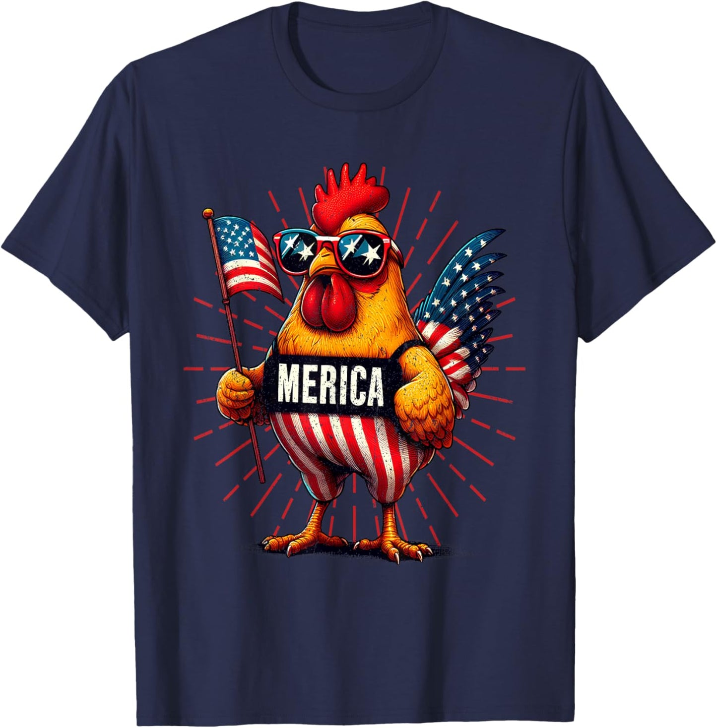 Merica Chicken Rooster 4th of July Patriotic American Flag T-Shirt - T-Shirt | Navy
