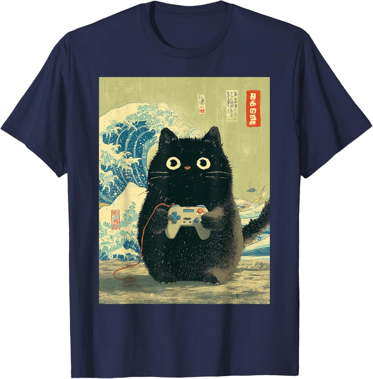Japanische Schwarze Gamer Cat Videospiele Great Wave Cat Dad T-Shirt - T-Shirt | Navy