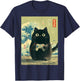 Japanische Schwarze Gamer Cat Videospiele Great Wave Cat Dad T-Shirt - T-Shirt | Navy