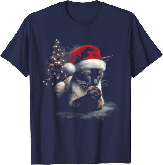 Siamese Cat Santa Hat - Vintage Cat Xmas Christmas Lover T-Shirt - T-Shirt | Navy